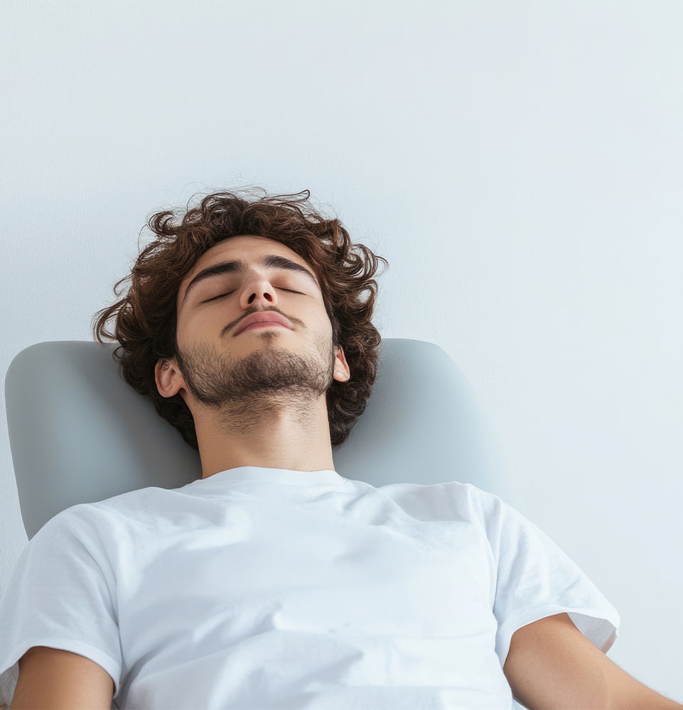Young man with curly hair relaxing with eyes closed in dentist chair against a light gray wall